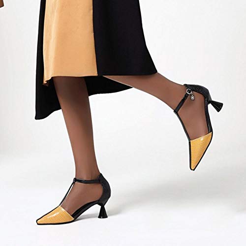 DunaCuna Mujer Moda Tacón Medio Bomba Tira Vertical Fiesta Zapatos Bicolor Verano Zapatos Hebilla Yellow Talla 43 Asiática