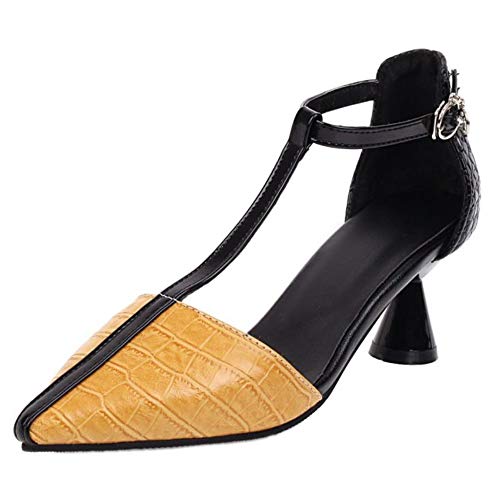 DunaCuna Mujer Moda Tacón Medio Bomba Tira Vertical Fiesta Zapatos Bicolor Verano Zapatos Hebilla Yellow Talla 43 Asiática