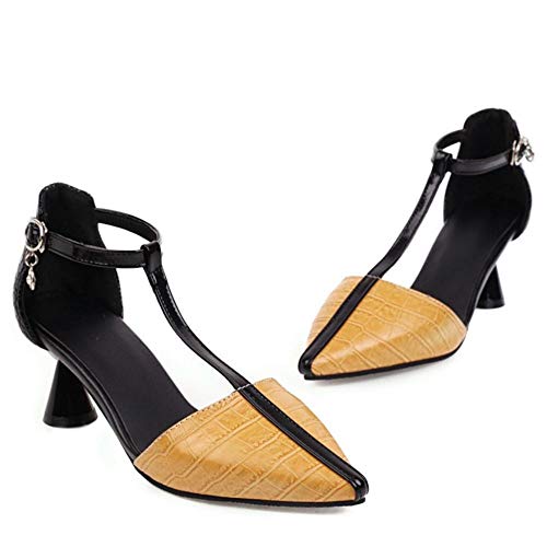 DunaCuna Mujer Moda Tacón Medio Bomba Tira Vertical Fiesta Zapatos Bicolor Verano Zapatos Hebilla Yellow Talla 43 Asiática