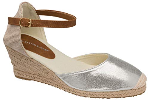 Dunlop Sandalias de cuña para mujer y mujer, con correa al tobillo, zapatos de verano, tallas 33-8, color Plateado, talla 40 EU