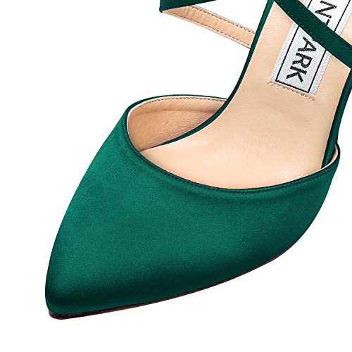 Duosheng & Elegant HC1901 Mujer Dedo del pie Puntiagudo Tacón Alto Zapatos de la Corte Correa Cruzada Satín Zapatos de Novia para Fiesta de Bodas Verde Oscuro EU 37