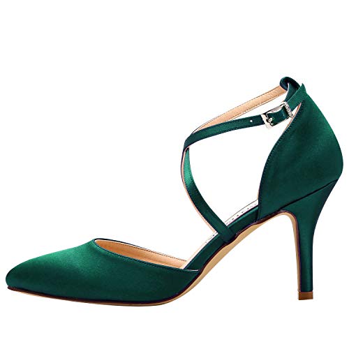 Duosheng & Elegant HC1901 Mujer Dedo del pie Puntiagudo Tacón Alto Zapatos de la Corte Correa Cruzada Satín Zapatos de Novia para Fiesta de Bodas Verde Oscuro EU 37