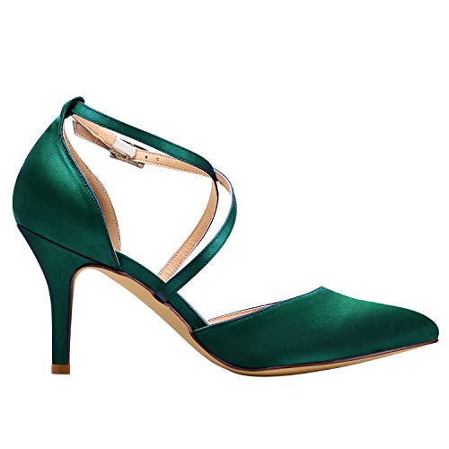 Duosheng & Elegant HC1901 Mujer Dedo del pie Puntiagudo Tacón Alto Zapatos de la Corte Correa Cruzada Satín Zapatos de Novia para Fiesta de Bodas Verde Oscuro EU 41