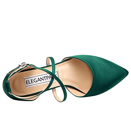 Duosheng & Elegant HC1901 Mujer Dedo del pie Puntiagudo Tacón Alto Zapatos de la Corte Correa Cruzada Satín Zapatos de Novia para Fiesta de Bodas Verde Oscuro EU 37