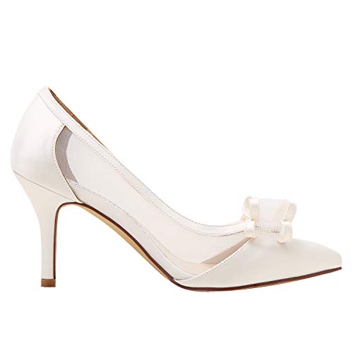 Duosheng & Elegant HC1909 Zapatos de Novia con Punta Puntiaguda para Mujer Tacones Altos Zapatos de Novia de satén con Lazo Marfil EU 38