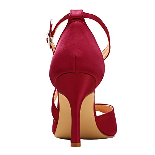 Duosheng & Elegant HP1821 Mujer Mirar furtivamente Dedo del pie Tacones de Aguja Vestir Sandalias Hebilla Strappy Satín Zapatos de Fiesta de Boda borgoña EU 37