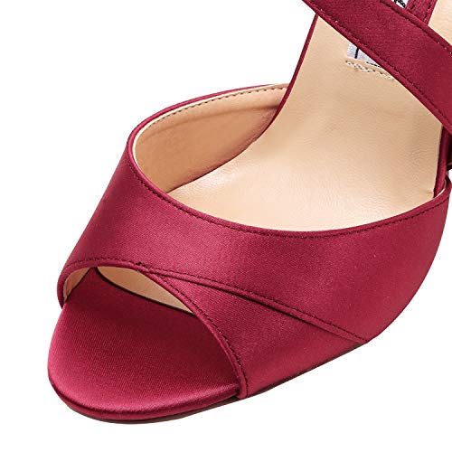 Duosheng & Elegant HP1821 Mujer Mirar furtivamente Dedo del pie Tacones de Aguja Vestir Sandalias Hebilla Strappy Satín Zapatos de Fiesta de Boda borgoña EU 37