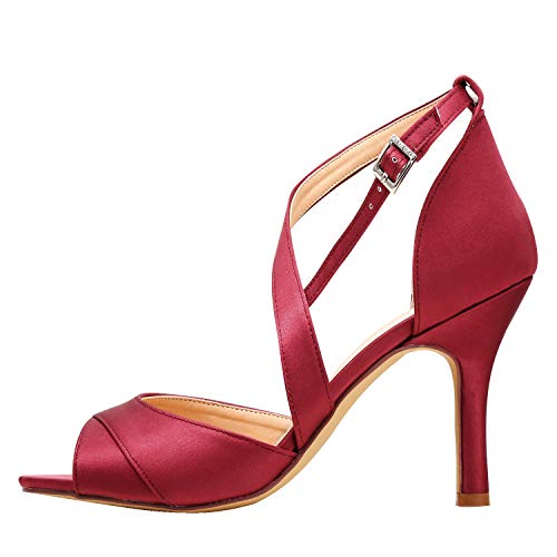 Duosheng & Elegant HP1821 Mujer Mirar furtivamente Dedo del pie Tacones de Aguja Vestir Sandalias Hebilla Strappy Satín Zapatos de Fiesta de Boda borgoña EU 37