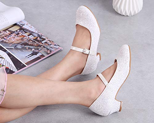EIGHT KM Niñas Tacones Bajos Mary Jane Vestido Formal Bombas Zapatos EKM7015 Cenicienta Blanca Talla 31