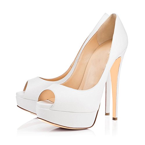 ELASHE - Zapatos para Mujer - Tacón de Aguja -15CM Peep Toe - 3CM Plataforma Tacones Mujer Fiestas Oficina Blanco EU37