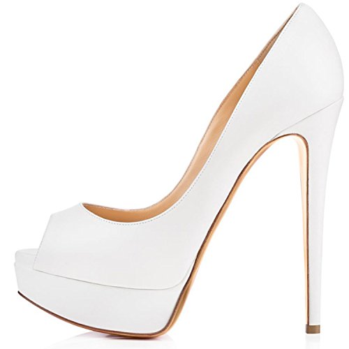 ELASHE - Zapatos para Mujer - Tacón de Aguja -15CM Peep Toe - 3CM Plataforma Tacones Mujer Fiestas Oficina Blanco EU37