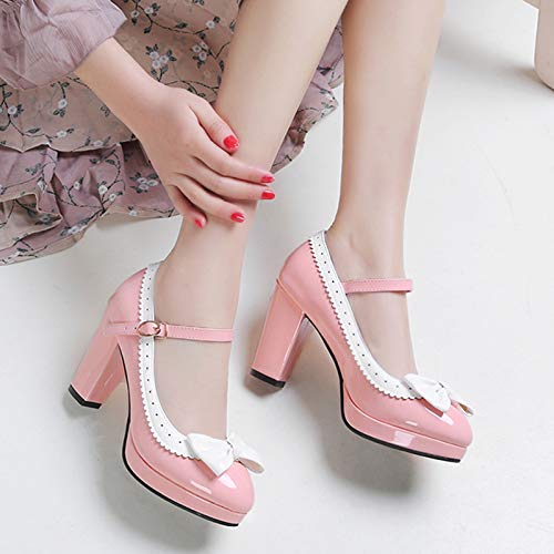 ELEEMEE Mujer Moda Bombas Zapatos Lazos Al Tobillo Mary Jane Tacon Ancho Bombas Zapatos Plateau Pink Size 36 Asian