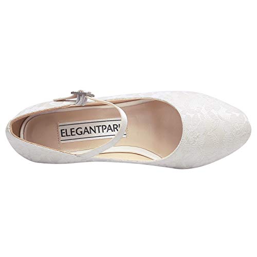 ElegantPark 100120 Mujer Mary Jane Cerrado Puntiaguda Bajo Gatito Tacón Corte Zapatos Hebilla Cordón Boda Nupcial Zapatos Marfil EU 41