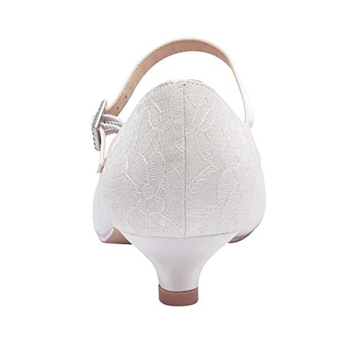 ElegantPark 100120 Mujer Mary Jane Cerrado Puntiaguda Bajo Gatito Tacón Corte Zapatos Hebilla Cordón Boda Nupcial Zapatos Marfil EU 41