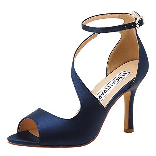 ElegantPark HP1565 Zapatos para Novia Mujer Peep Toe Sandalias de Boda Tacón Correa De Tobillo Satén Zapatos de Fiesta Novia BLU Navy EU 40
