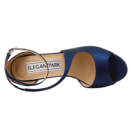 ElegantPark HP1565 Zapatos para Novia Mujer Peep Toe Sandalias de Boda Tacón Correa De Tobillo Satén Zapatos de Fiesta Novia BLU Navy EU 40