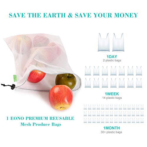 Eono by Amazon - Bolsas Compra Reutilizables Ecológicas Bolsa de Malla para Almacenamiento Fruta Verduras Juguetes Lavable y Transpirable 3 Diversos Tamaños, 12 Pcs (3L+6M+3S)