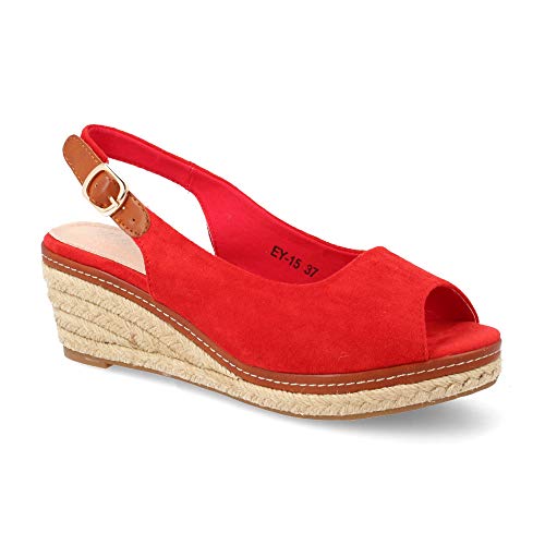 Espardena Mujer con Cuna en Yute Modelo Peep Toe Correa Trasera Estilo Slingback Primavera Verano 2019. Talla 36 Rojo