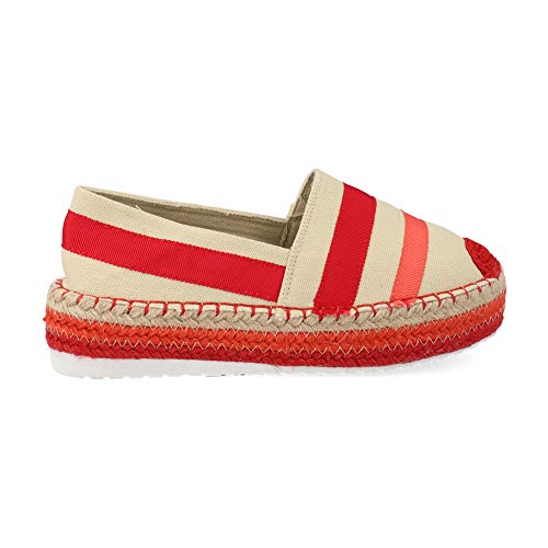 Espardena Mujer de Colores en Lino y Yute Combinados con Plataforma Primavera Verano 2019. Talla 39 Rojo