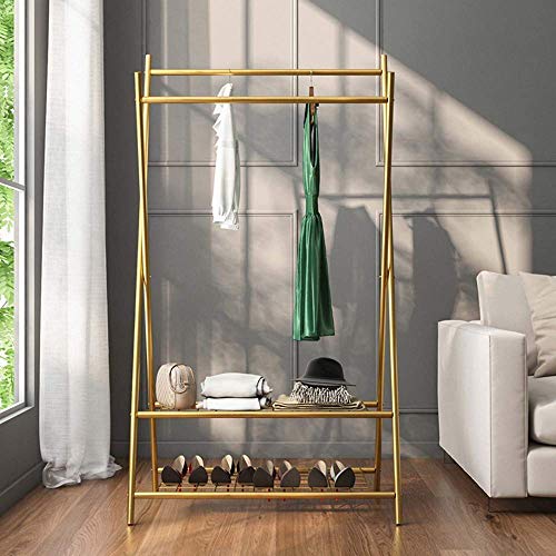 Estante exhibición Ropa, Barra Metal para Ropa con Barras paralelas, con Perchero Malla 2 Capas, Ahorro Espacio, se USA para Ropa, Bolsos, Zapatos, Cajas Almacenamiento/Dorado / 88x49x160cm