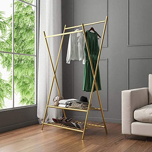Estante exhibición Ropa, Barra Metal para Ropa con Barras paralelas, con Perchero Malla 2 Capas, Ahorro Espacio, se USA para Ropa, Bolsos, Zapatos, Cajas Almacenamiento/Dorado / 88x49x160cm