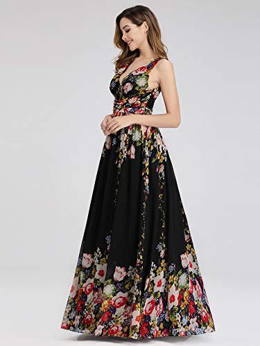 Ever-Pretty A-línea Largo Vestido de Fiesta Corte Imperio Cuello en V sin Mangas para Mujer Negro y Flores 42