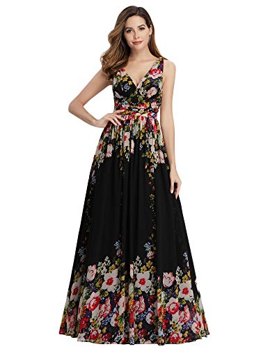 Ever-Pretty A-línea Largo Vestido de Fiesta Corte Imperio Cuello en V sin Mangas para Mujer Negro y Flores 42