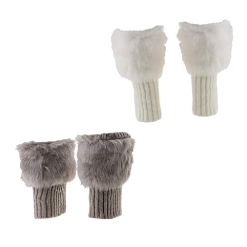 F Fityle 2 Pares Botas Punto Mullidas Puños Adorno de Piel Mangas Medias Diseño Lindo Llamativo - Gris Blanco, Única