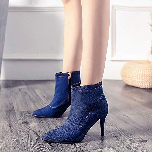 FAMILIZO Botas Mujer Invierno De Tacón Alto Zapatos De Arranque De Tubo Corto Denim Zippe Sólido Color Punta De Los Zapatos Botas Mujer Nieve Azul 38