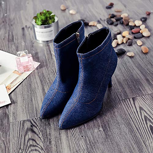 FAMILIZO Botas Mujer Invierno De Tacón Alto Zapatos De Arranque De Tubo Corto Denim Zippe Sólido Color Punta De Los Zapatos Botas Mujer Nieve Azul 38