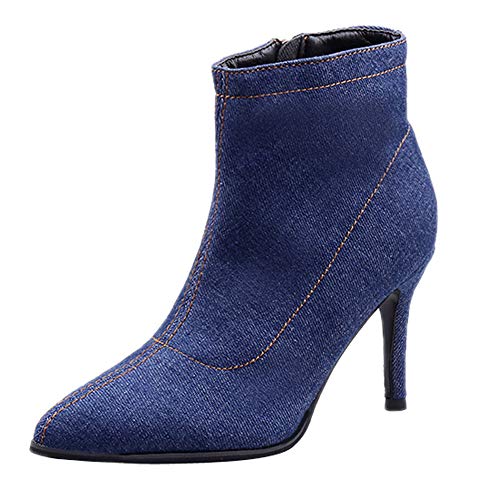 FAMILIZO Botas Mujer Invierno De Tacón Alto Zapatos De Arranque De Tubo Corto Denim Zippe Sólido Color Punta De Los Zapatos Botas Mujer Nieve Azul 38