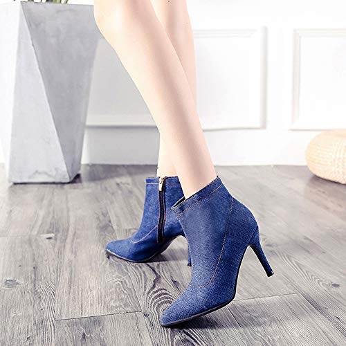 FAMILIZO Botas Mujer Invierno De Tacón Alto Zapatos De Arranque De Tubo Corto Denim Zippe Sólido Color Punta De Los Zapatos Botas Mujer Nieve Azul 38