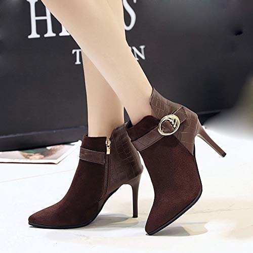 FAMILIZO Botas Mujer Invierno Lado De Mujer Cremallera Botas De Tacón Alto Cinturón Hebilla Botines Zapatos De Tacón De Aguja Botas Mujer Nieve Café 38