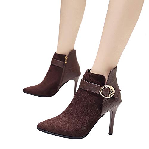 FAMILIZO Botas Mujer Invierno Lado De Mujer Cremallera Botas De Tacón Alto Cinturón Hebilla Botines Zapatos De Tacón De Aguja Botas Mujer Nieve Café 38