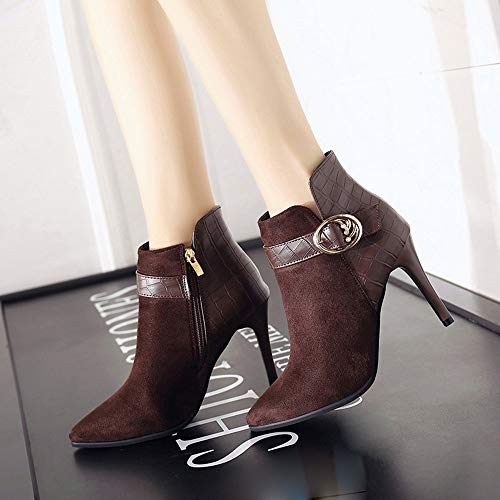 FAMILIZO Botas Mujer Invierno Lado De Mujer Cremallera Botas De Tacón Alto Cinturón Hebilla Botines Zapatos De Tacón De Aguja Botas Mujer Nieve Café 38