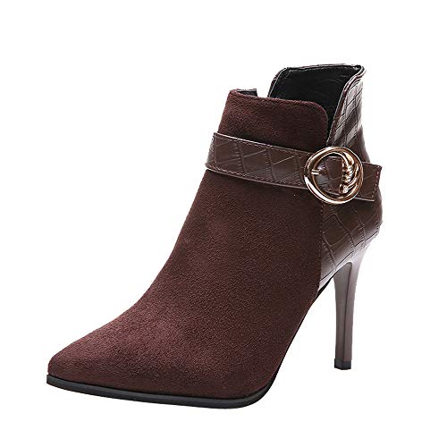 FAMILIZO Botas Mujer Invierno Lado De Mujer Cremallera Botas De Tacón Alto Cinturón Hebilla Botines Zapatos De Tacón De Aguja Botas Mujer Nieve Café 38