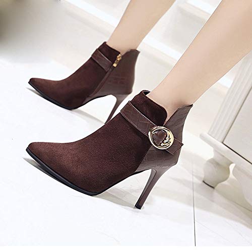 FAMILIZO Botas Mujer Invierno Lado De Mujer Cremallera Botas De Tacón Alto Cinturón Hebilla Botines Zapatos De Tacón De Aguja Botas Mujer Nieve Café 38