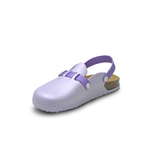 Feliz Caminar - Zueco Sanitario Flotantes Bio/con Correa Antideslizantes y Cómodos/Plantilla de corhco Anatomica (Malva 37)