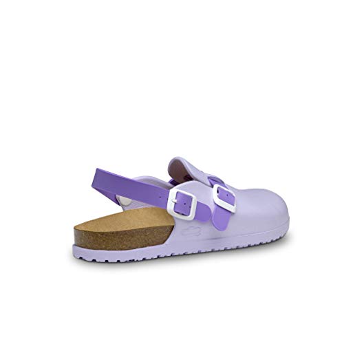 Feliz Caminar - Zueco Sanitario Flotantes Bio/con Correa Antideslizantes y Cómodos/Plantilla de corhco Anatomica (Malva 37)