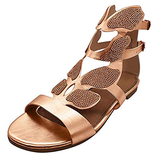 Fengstore - Sandalias de gladiador de diamantes de imitación planas con forma de mariposa, para mujeres de novia de boda, color Dorado, talla 42 EU