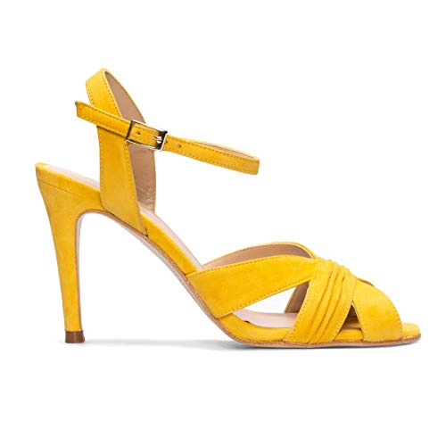FERIDE - Sandalias Estilosas Amarillas Mostaza de Vestir para Mujer en Piel - Tacon Alto Fino de Aguja 9 cm - Cierre con Hebilla al Tobillo Fiesta Stilettos - Amarillo 38 EU