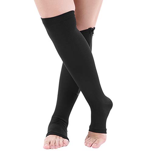 Filfeel Calcetines de Compresión, Compresión Pantorrilla Deportiva para Mujeres Hombres Alivio Varices Soportes Las Medias Medias hasta la Rodilla con los Dedos Abiertos(L/XL -Negro)