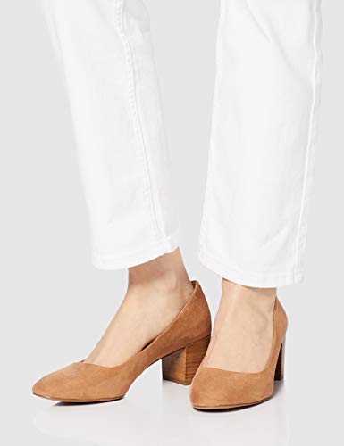 FIND Block Heel Round Toe Zapatos de Tacón, Marrón (Camel), 38 EU