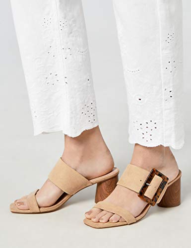 find. Large Buckle Block Heel Sandal Sandalias con Punta Abierta, Beige, 40 EU