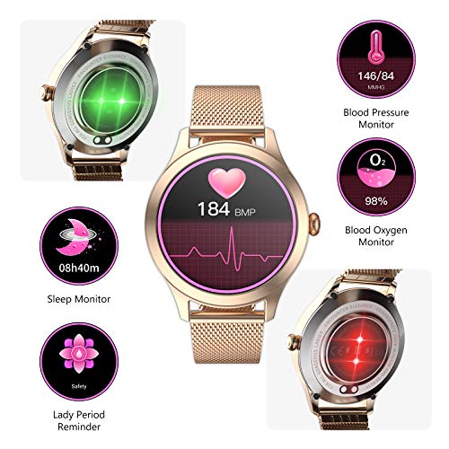 Fitonme Reloj Inteligente con Rastreador de Ejercicios - IP68 Smartwatch de Actividad Deportiva Femenina Impermeable con Frecuencia Cardíaca, Presión Arterial, Sueño, Contador de Calorías (Oro)