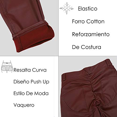 FITTOO PU Leggings Cuero Imitación Pantalón Elásticos Cintura Alta Push Up para Mujer #1 Bolsillo Falso Poca Terciopelo Rojo S