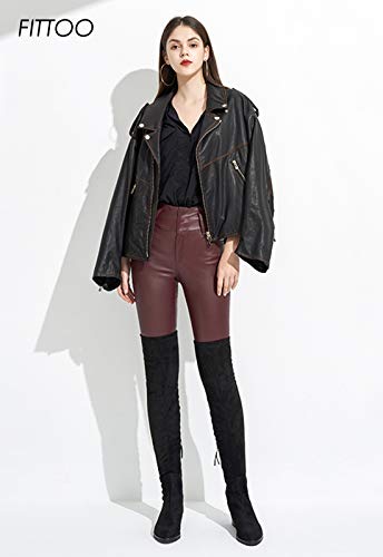 FITTOO PU Leggings Cuero Imitación Pantalón Elásticos Cintura Alta Push Up para Mujer #1 Bolsillo Falso Poca Terciopelo Rojo S