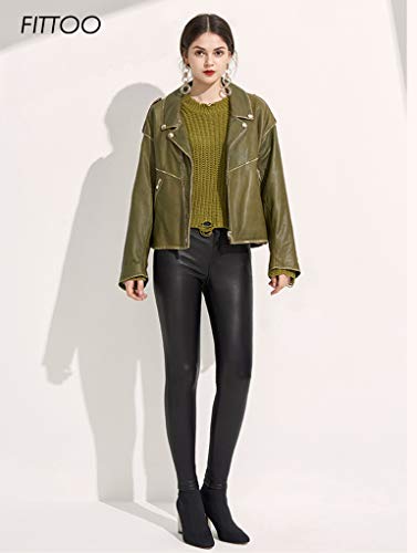 FITTOO PU Leggings Cuero Imitación Pantalón Elásticos Cintura Alta Push Up para Mujer #2 Clásico Negro Mate XS