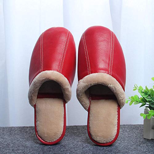 Flip Flop-GQ Zapatillas de Piel de Oveja de Invierno Zapatillas de casa Antideslizantes para Interiores Zapatillas de algodón de Cuero cálido-Rojo_39-40 Yardas