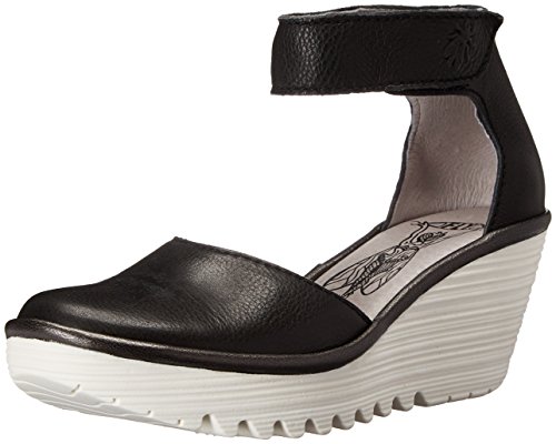 Fly London P500709001, Zapatos de Cuñas Atado al Tobillo Mujer, Negro (Black/Off White 000), 42 EU (talla del fabricante: 9 UK)